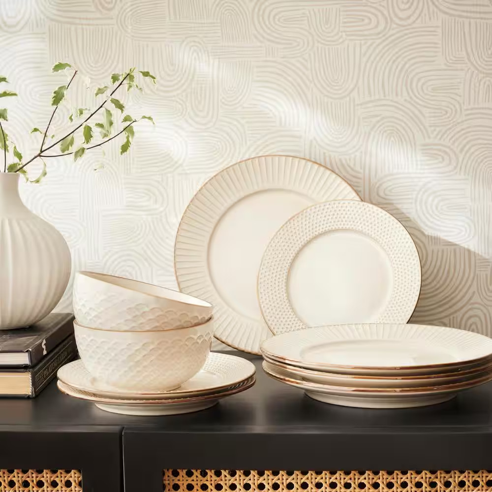 12-Piece Monroe Ivory Stoneware Dinnerware Set (Service for 4)
