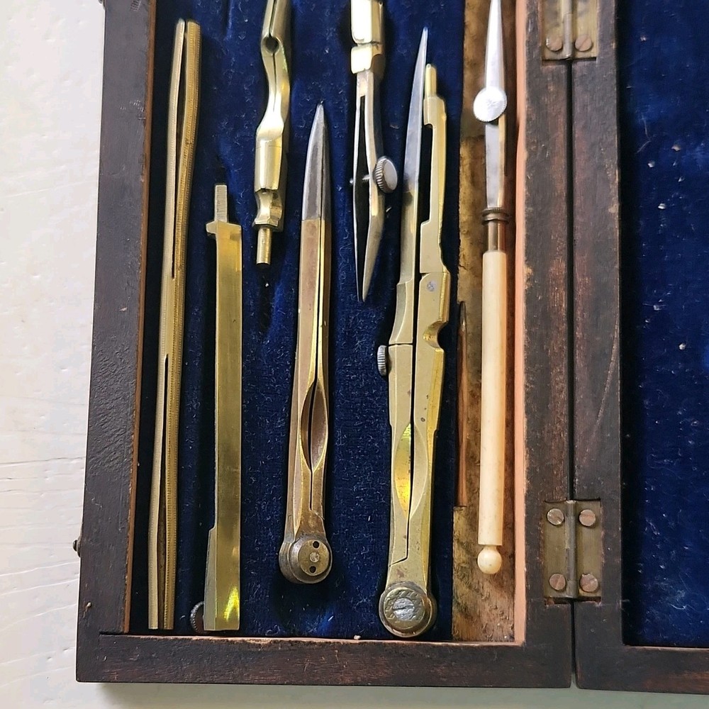 VintagvBrass Drafting Tool Set in Wooden Case
