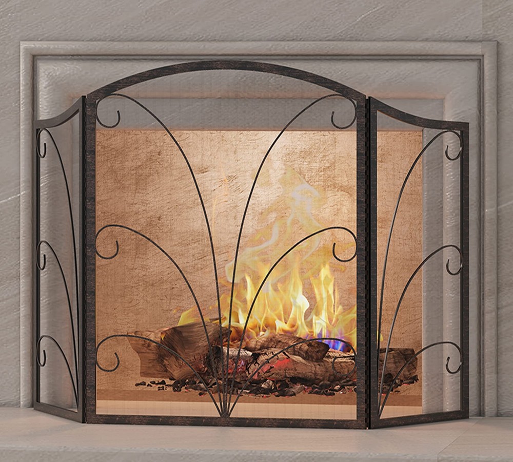 3-Panel Arched Childproof Fireplace Screen Decorative, Handcrafted Scroll Wro...