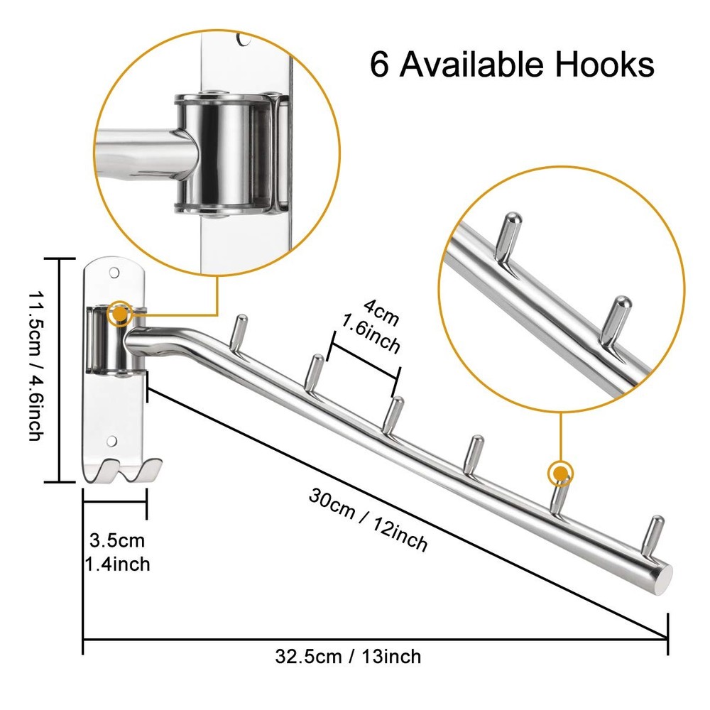 Bosszi 2-Pack Wall Mounted Folding Clothes Hanger Rack, 2-Pack, Silver