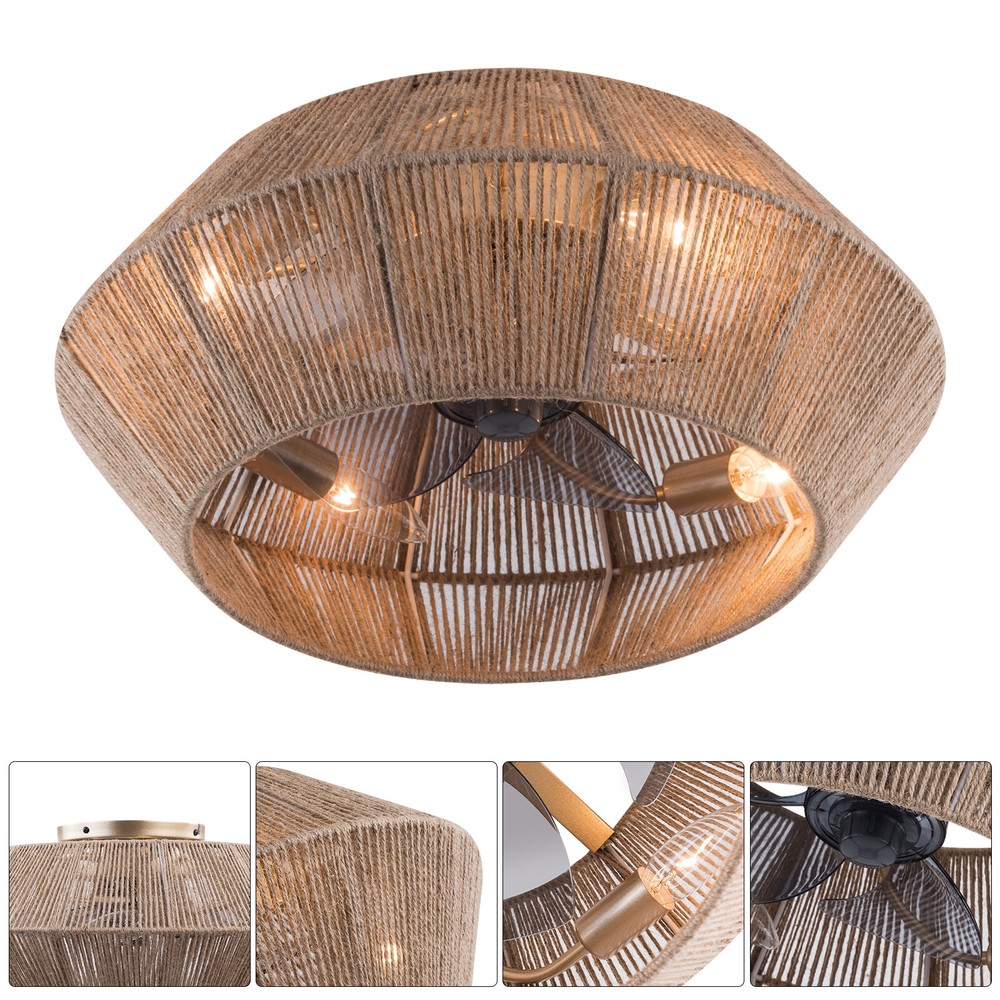 Rattan Caged Flush Mount Fan Light +Remote Control Ceiling Fan Boho Ceiling Fan