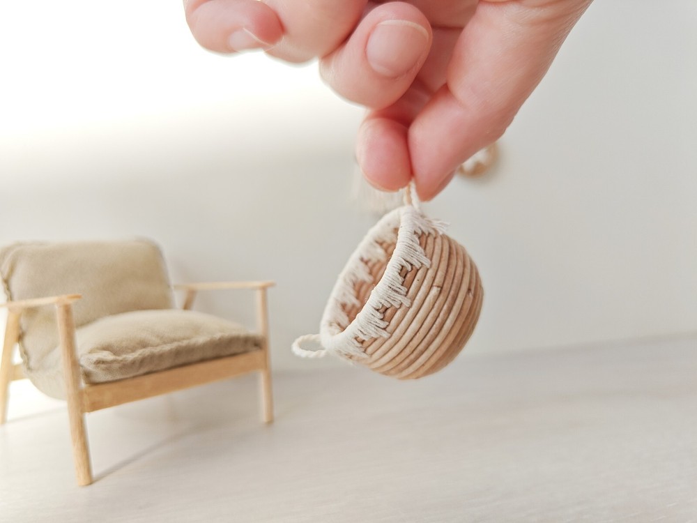 1:12 dollhouse miniature boho basket. handmade