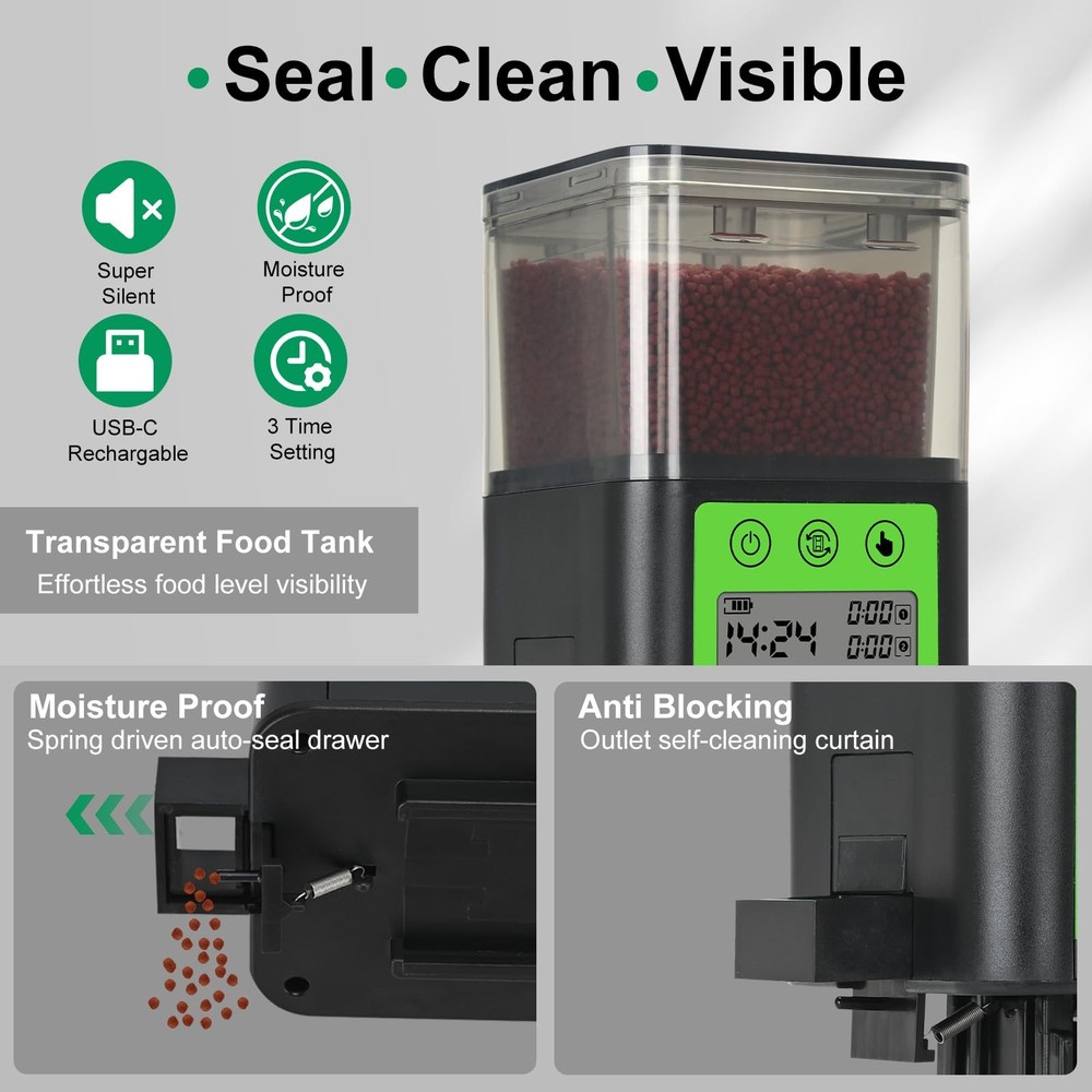 Lychee Automatic Fish Feeder - USB Rechargeable 320ML Large 320ml, Black