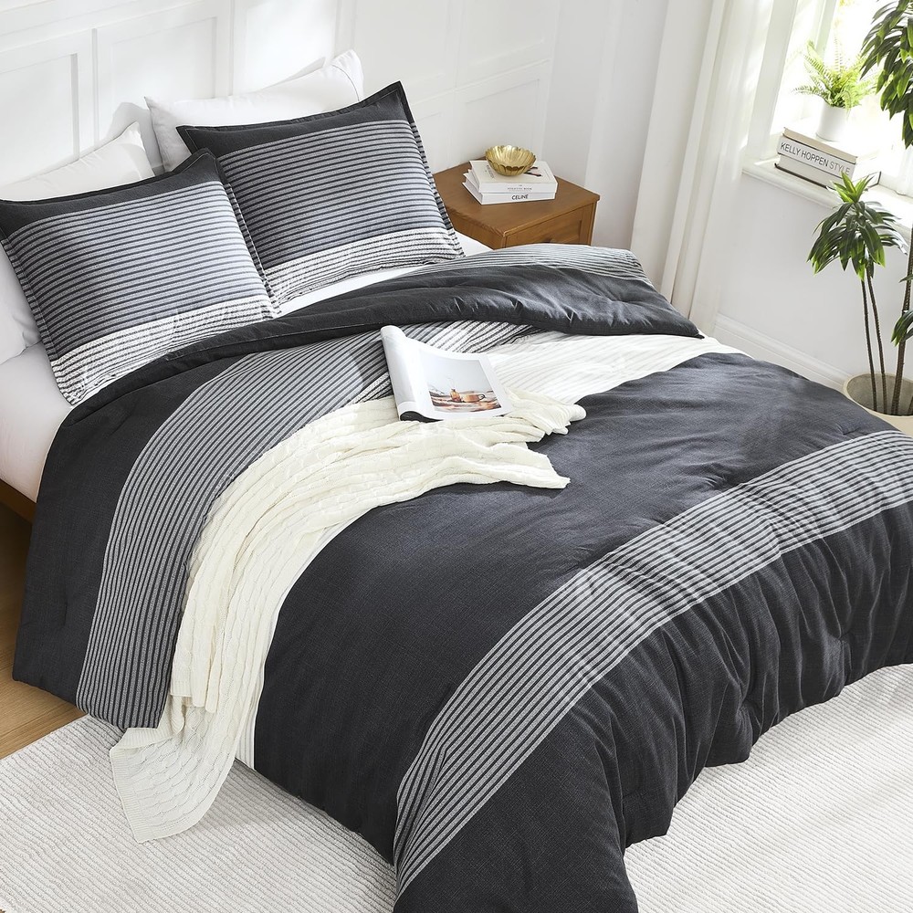 Full Size Comforter Sets Black White Grey - 3 Pieces Lightweight Bedding Set,...