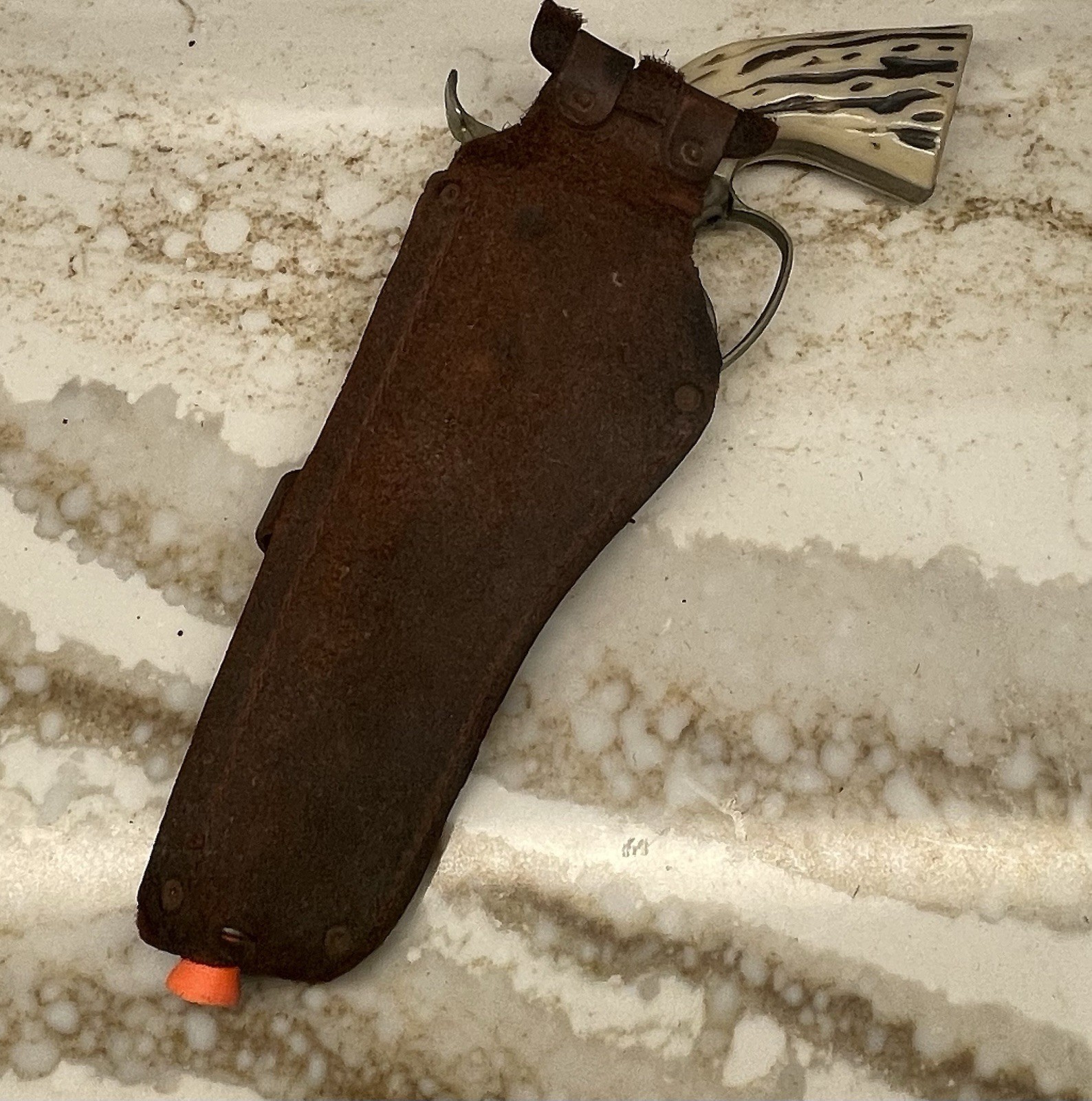 1960s VTG Mattel Fanner 50 Toy Cap Replica Gun Used Leather Holster MADE IN USA