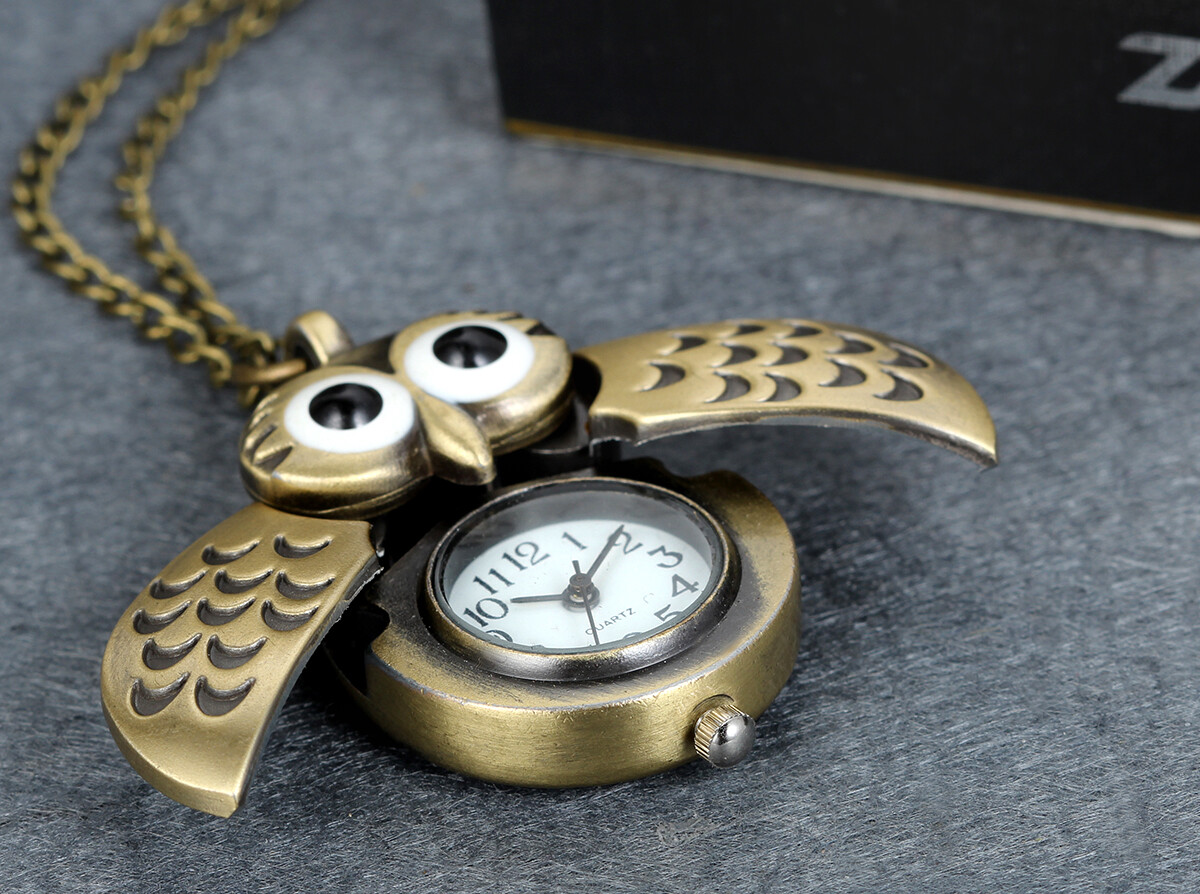 Vintage Retro Owl Wings Bronze Tone Open Face Pocket Watch Pendant Necklace