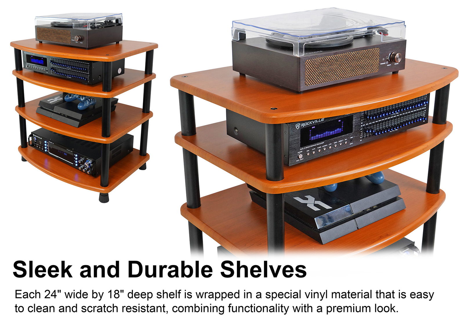 Rockville FLX Classic Wood Adjustable Height 4 Shelf Home Theater A/V Rack Stand