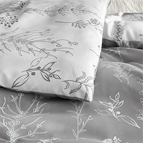 Bed Comforter Set - Reversible Floral White Bedding Comforter Set, Queen Grey