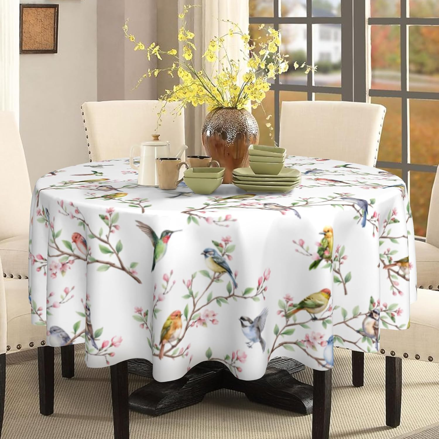 Spring Summer Tablecloth round 60 Inch, Birds Branch Floral Table Cloth Washable