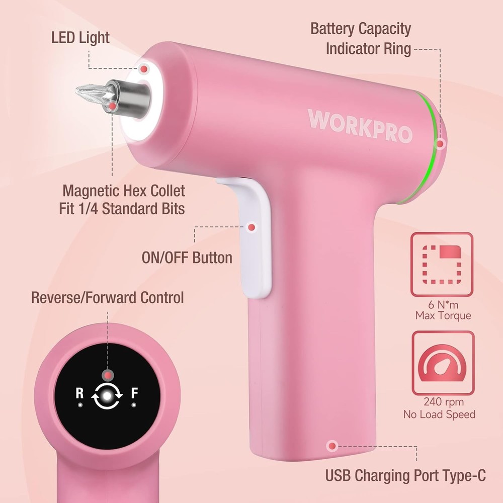 Efficient Pink Cordless Screwdriver - LED Light & Smart Control for Easy Repairs