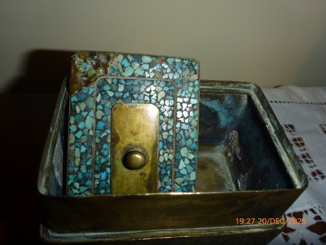 Antique Turquoise Chip Mosaic On Brass Rectangular Hinged Double Box Tea/Snuff