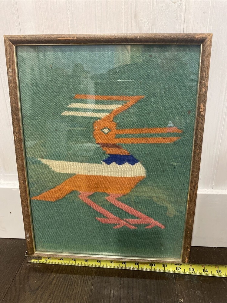 Vintage BIRD Textile Folk Art Framed