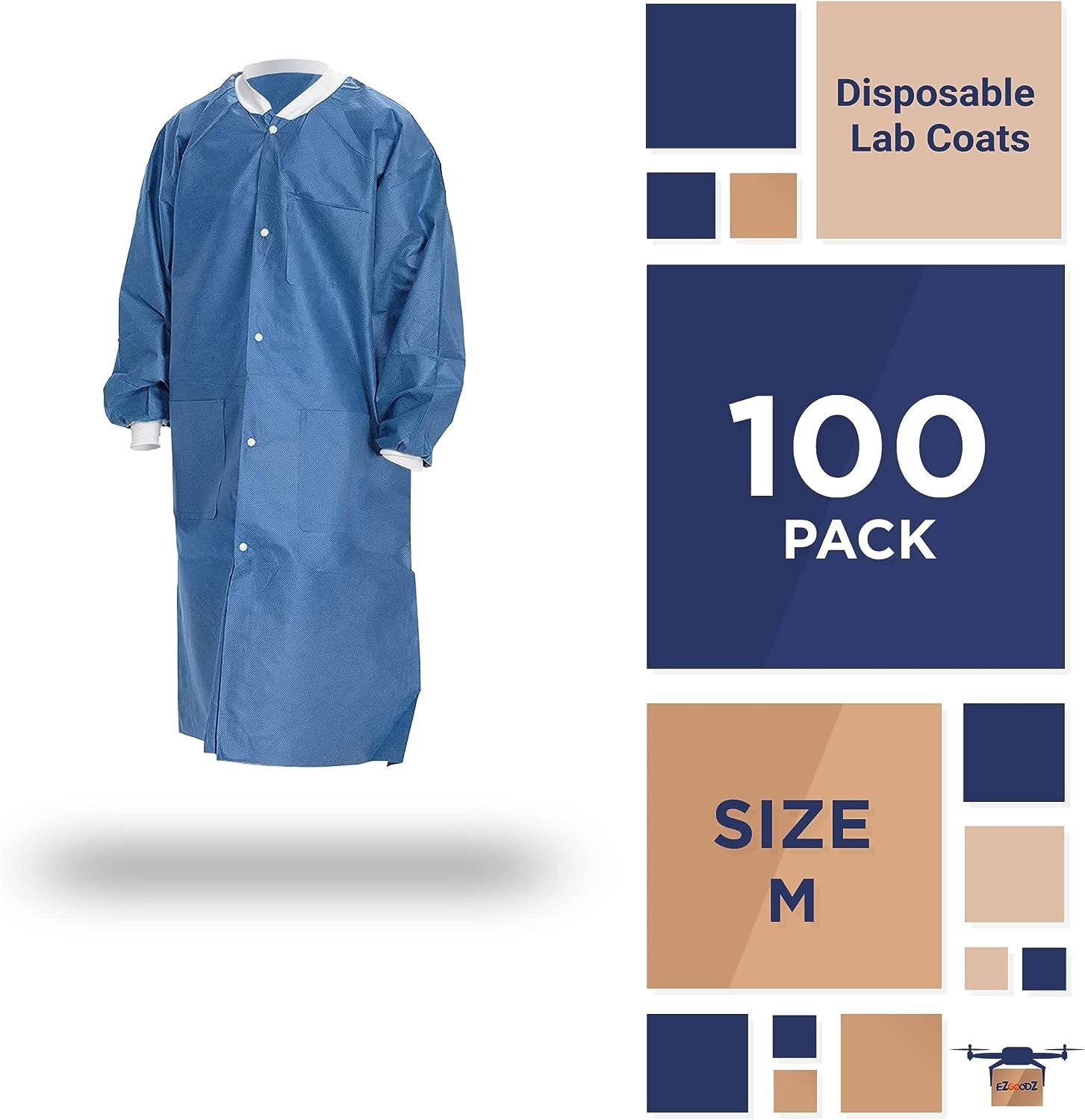 Disposable Lab Coats 38" Long 100ct Blue Adult Work Gowns Medium SMS 40 gsm PPE