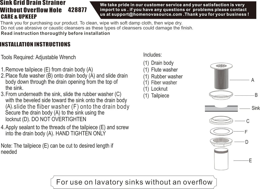 Grid Drain Strainer Assembly without Overflow for Bathroom Sink, C.O. Plug Grid
