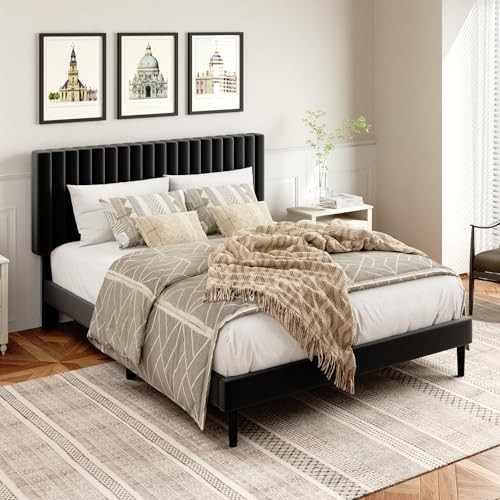 Size Platform Bed Frame with Velvet Upholstered Headboard Bed Frame Full Black