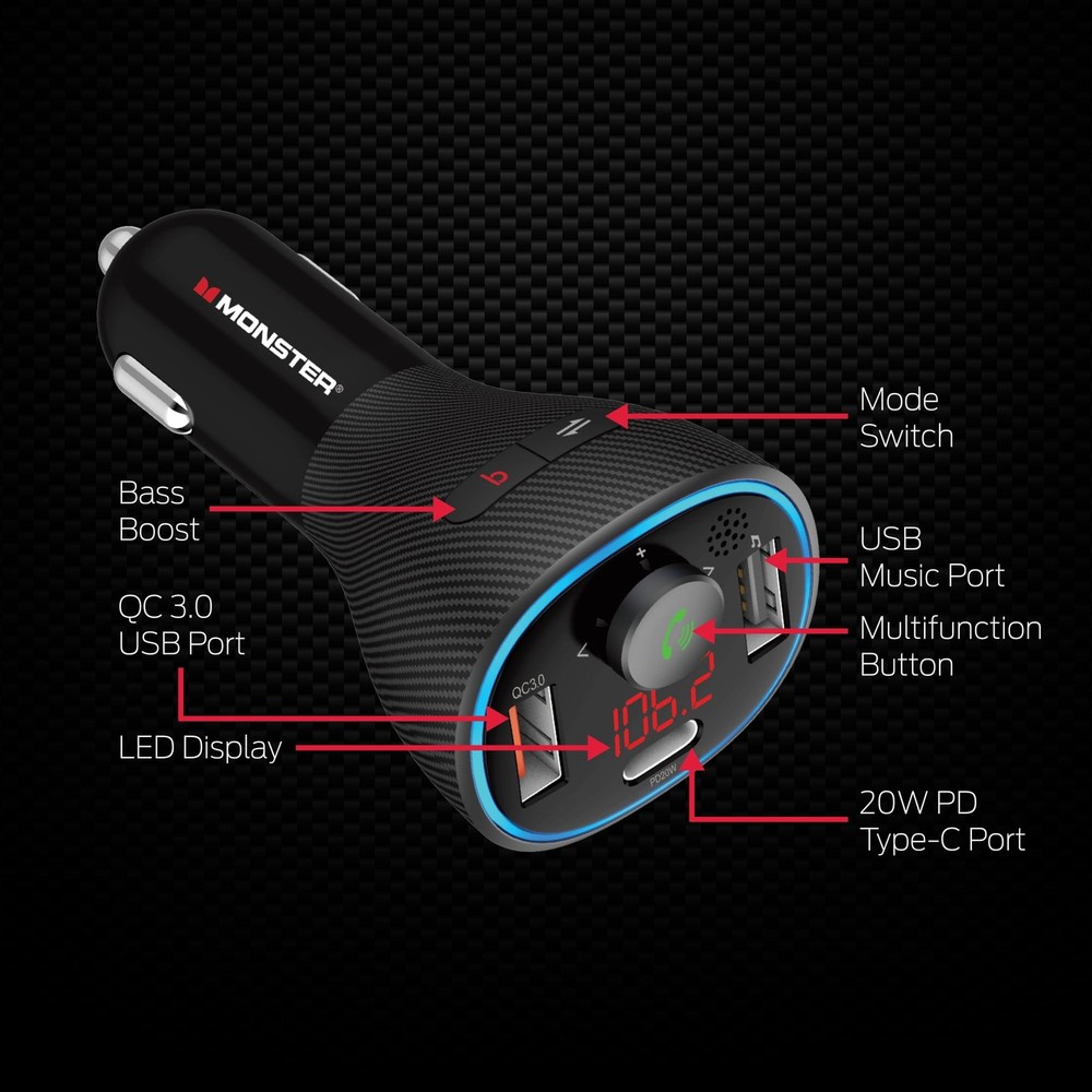 Bluetooth FM Transmitter & Dual Type-C 20W Car Charger, Compact Design