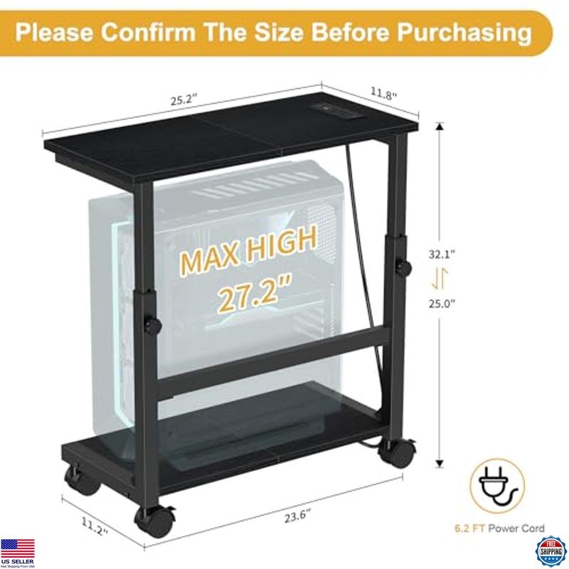Snughome Height Adjustable Computer Tower Stand with Charging Station on Wheels