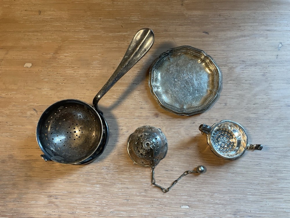 Lot 2, Tea strainer Cottagecore bowl silver plated vintage kettle silver tray