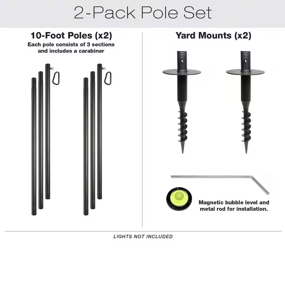 Two 10 Ft. Premium String Light Poles for Grass/Dirt, Black