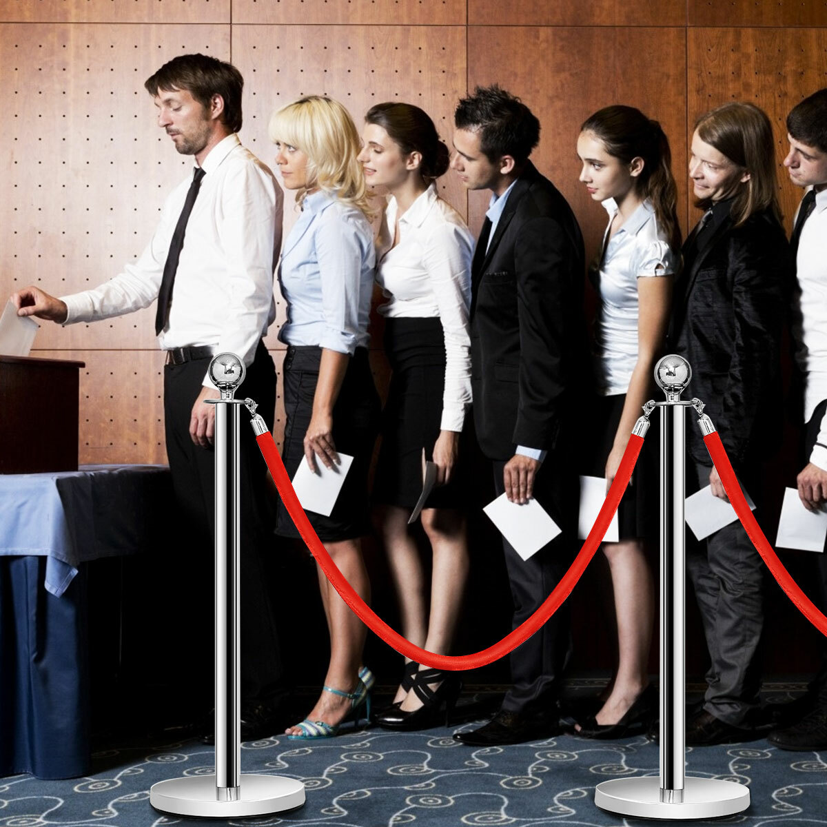 6Pcs Stanchion Posts Queue Pole Retractable 3 Velvet Ropes Crowd Control Barrier