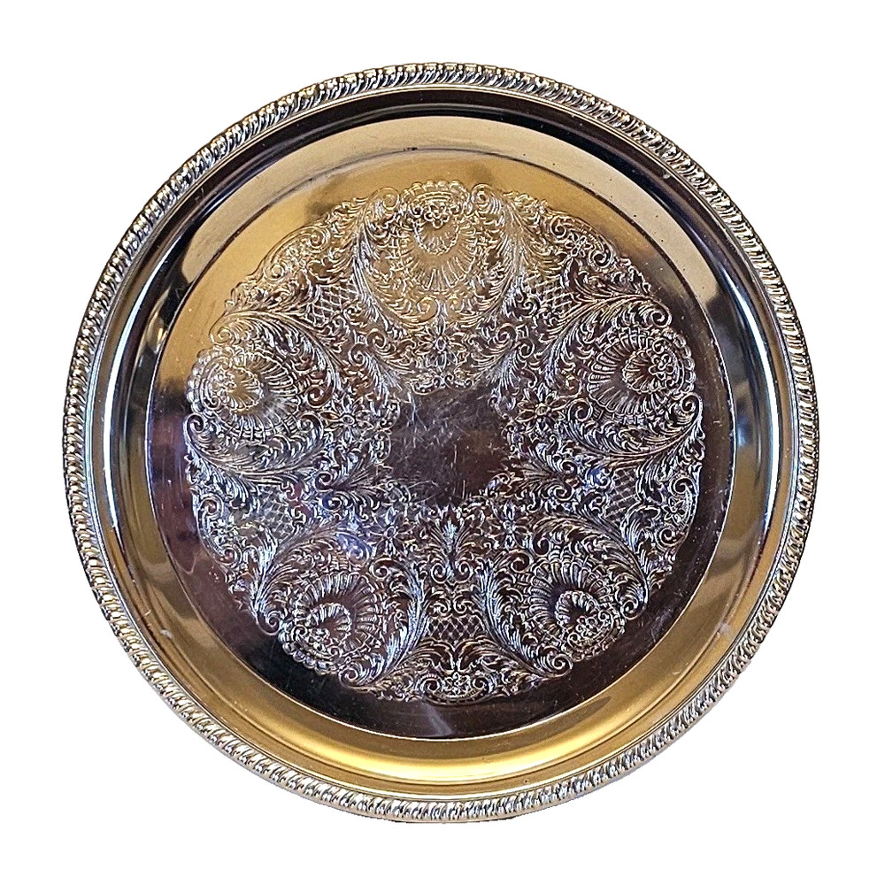 Irvinware Silverplate Serving Tray Etched Design with Rope Rim USA 12"