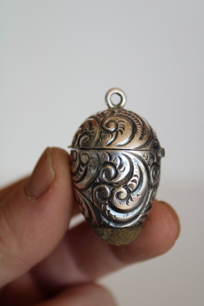 Antique Sterling Silver Repousse Sewing Chatelaine Egg Thimble Case & Pincushion