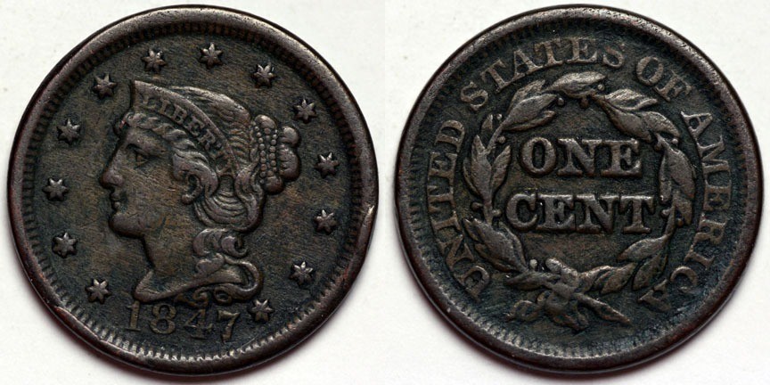 1847  Large Cent - Multiple rim cuds (3 or 4)