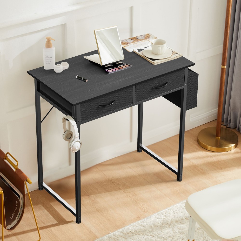 32" Office Small Computer Desk,Home Study Table with 2 Fabric Drawers & Side Bag