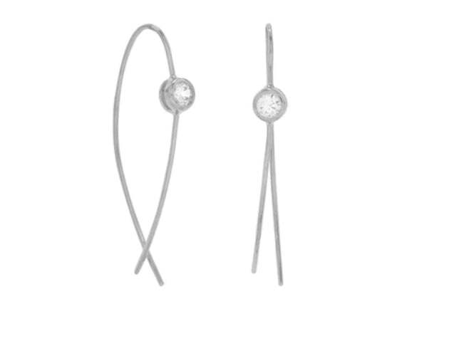 Rhodium Plated Thin Wire with Bezel CZ Earrings