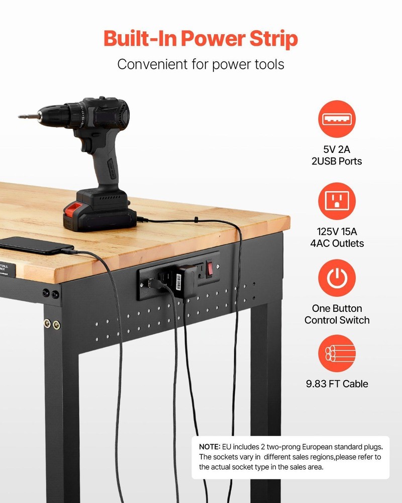 Heavy Gauge 48in Workbench 2000lb Load with Electrical Outlet
