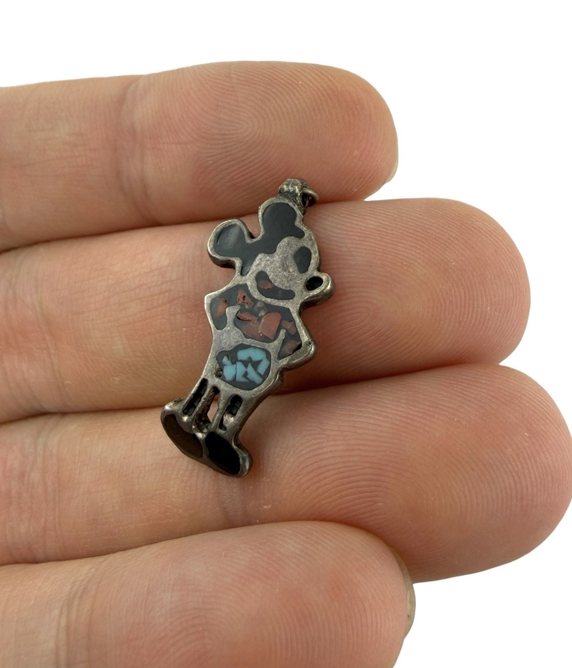 Vintage Mickey Mouse Sterling Silver Onyx/Coral Turquoise Ring & 2 Pendants