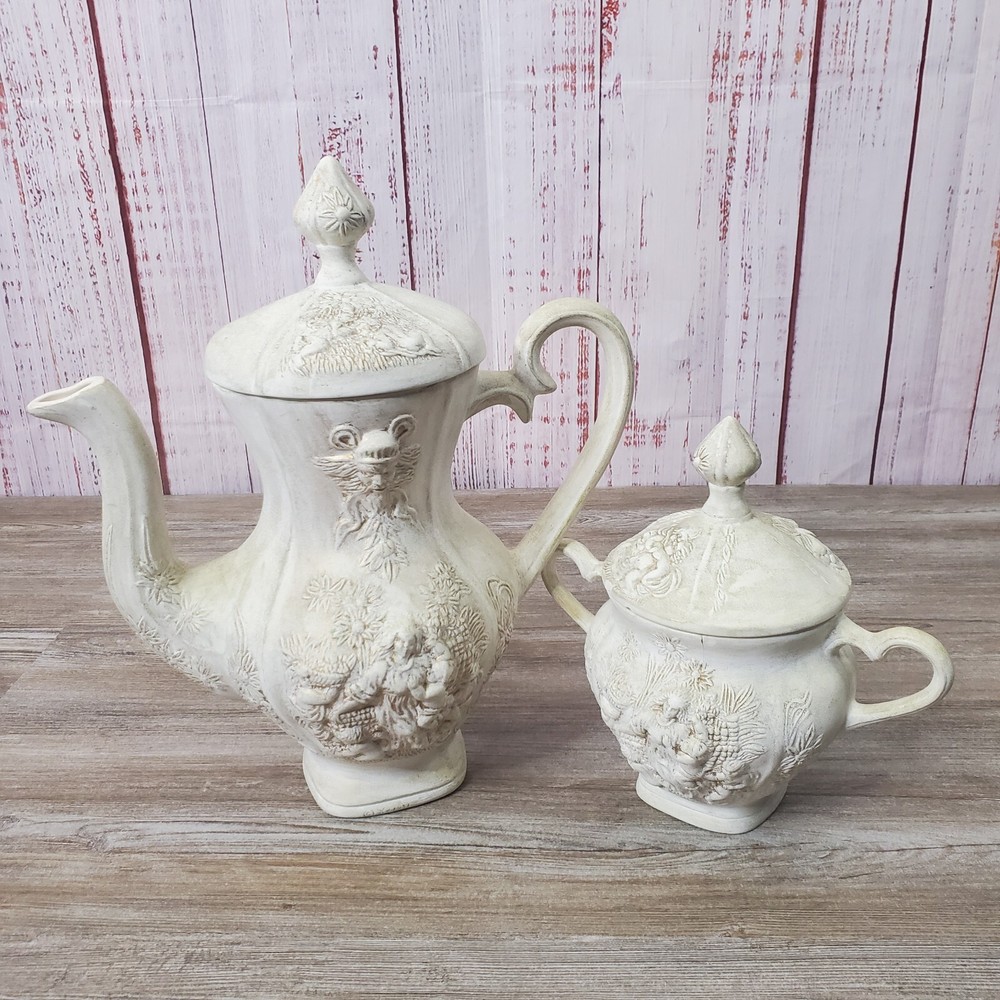 VINTAGE 13" CERAMIC SERVER / PITCHER W/ Lid & Sugar Bowl Ornate Decor Unique Set