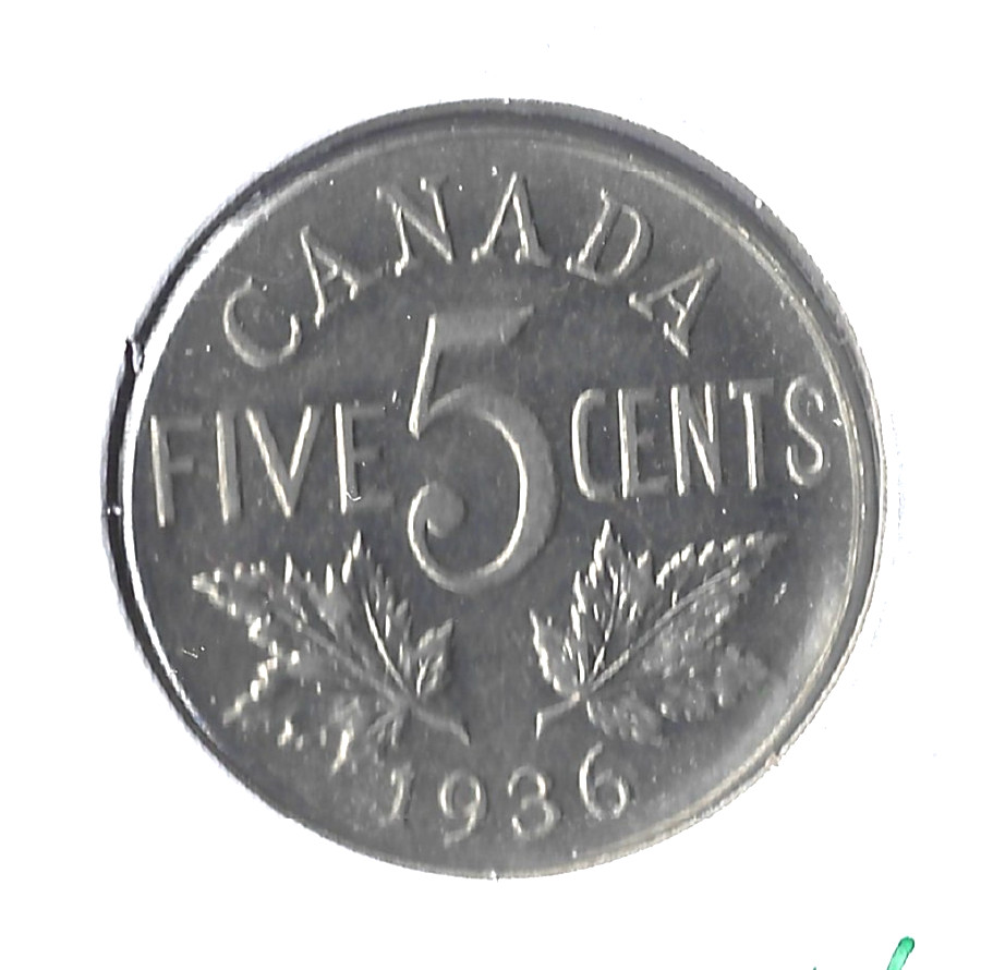 Coin Canada 5 Cents 1936 KM29