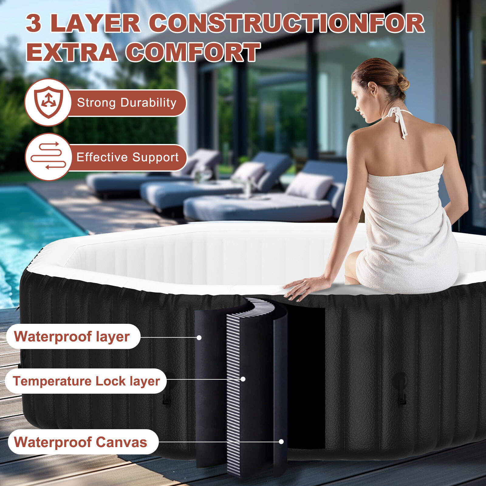 SLSY Octagon 6 Person Inflatable Hot Tub Spa with 130AirJets and Insulated Cover