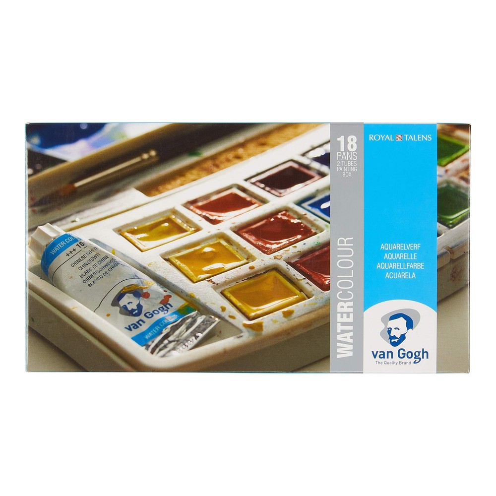 Van Gogh Watercolor Paint Set, Plastic Pocketbox, 18-Half Pan + 2x10ml