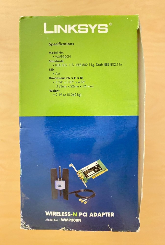 Linksys WMP300N Wireless‑N PCI Adapter With Box & Antenna Base (System Pull)