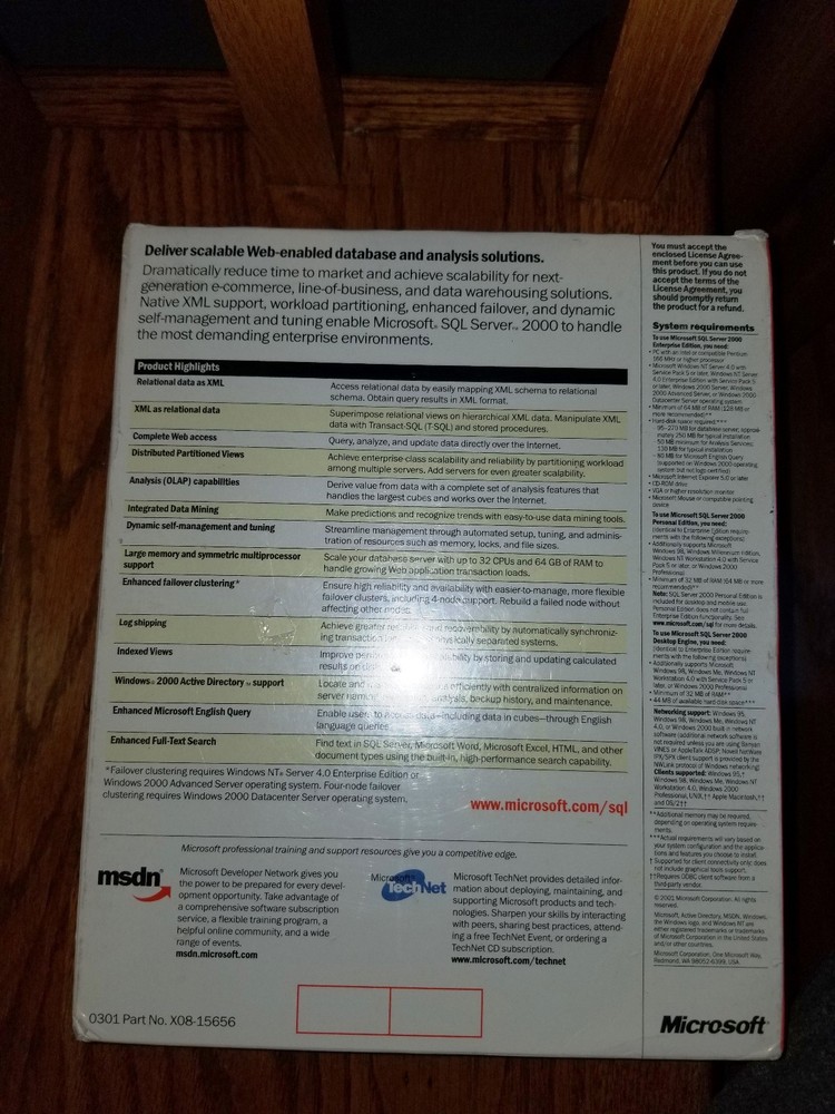 Microsoft SQL Server 2000, SKU 810-00961, Sealed Retail Box, 1-Processor License