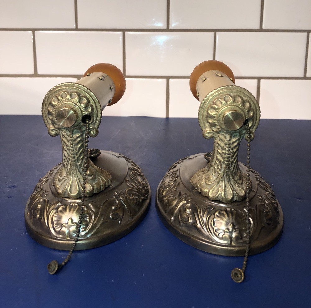 Wired Pair Antique Early Brass Sconces With Rare Pull chain Candle Switch 99A