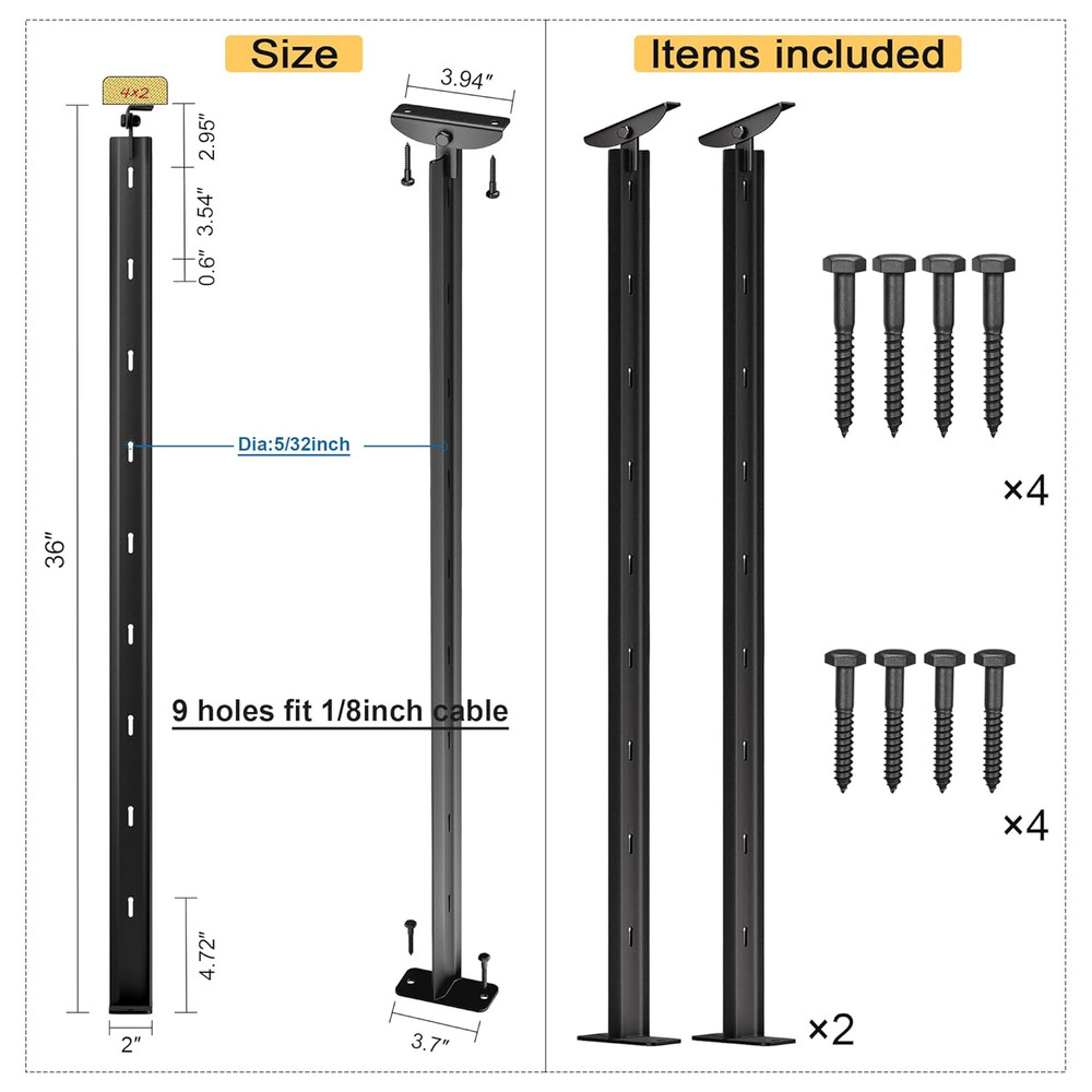 2Pack 36" Adjustable Stainless Steel Cable Railing Posts for Decks, Black