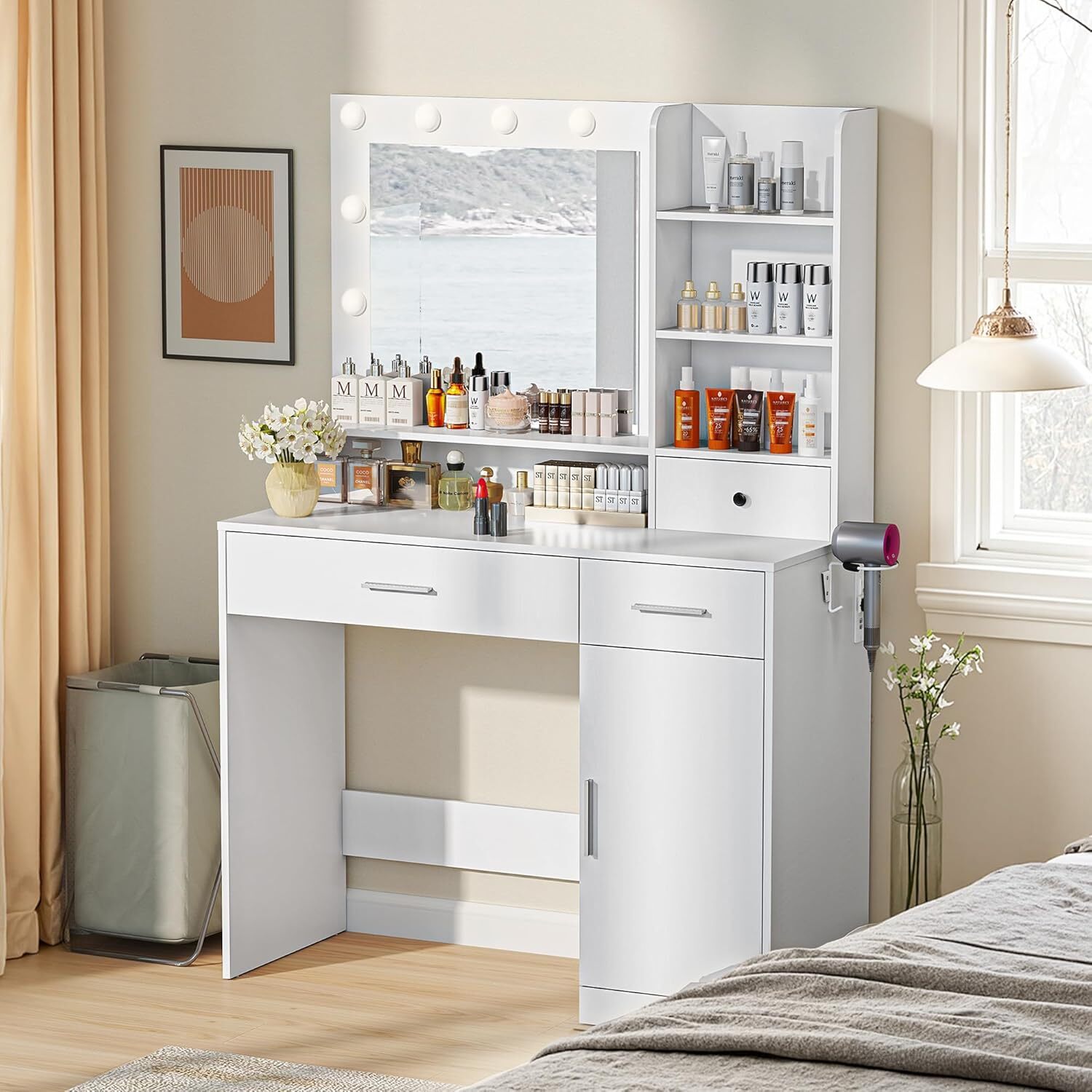 Vanity with Mirror Lights Makeup Vanity Desk Women Girls Bedroom Dressing Table