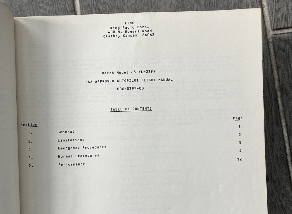 Beechcraft 65 (L-23F) Autopilot Flight Manual King KFC 200 Flight Control System