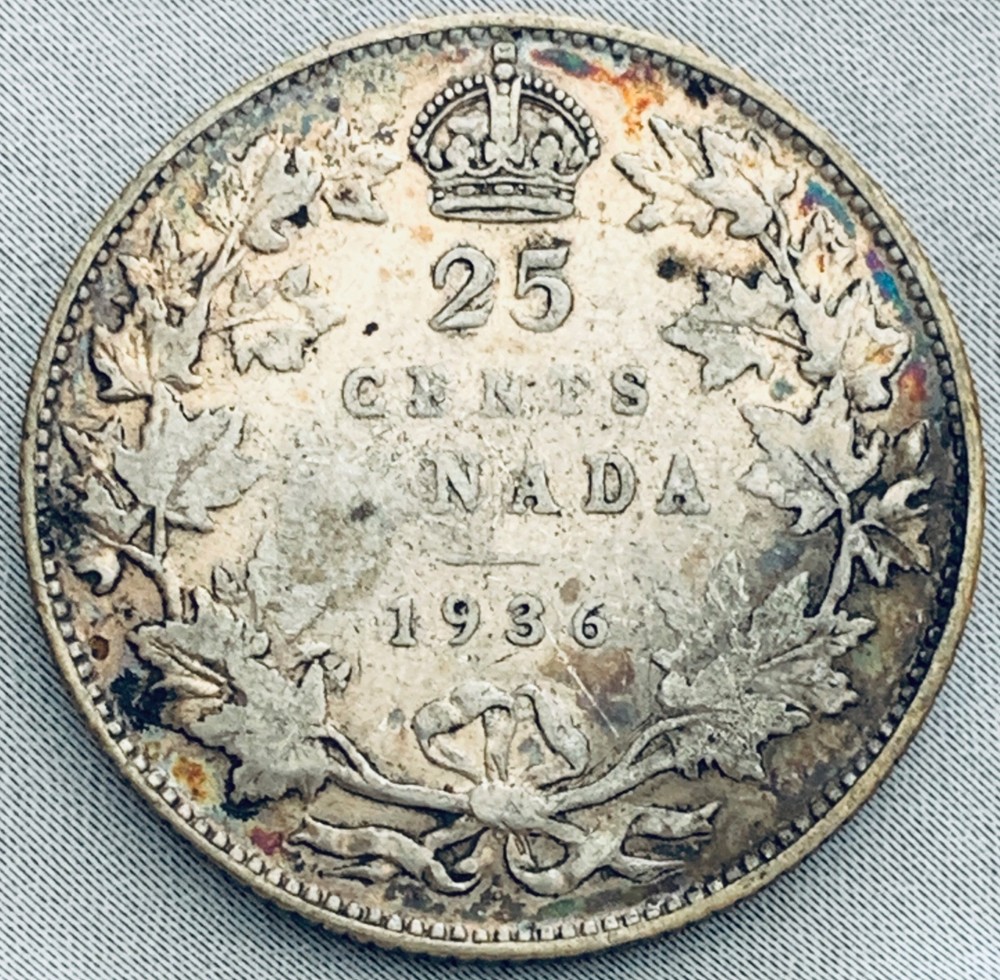 1936 Canada 25 Cents Silver Coin - Dot
