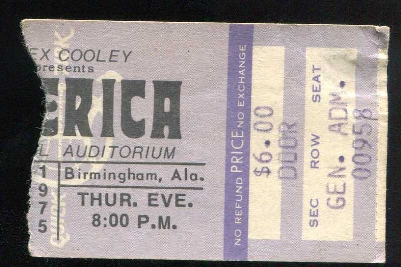 Vintage 1975 America Concert Ticket Stub Birmingham AL