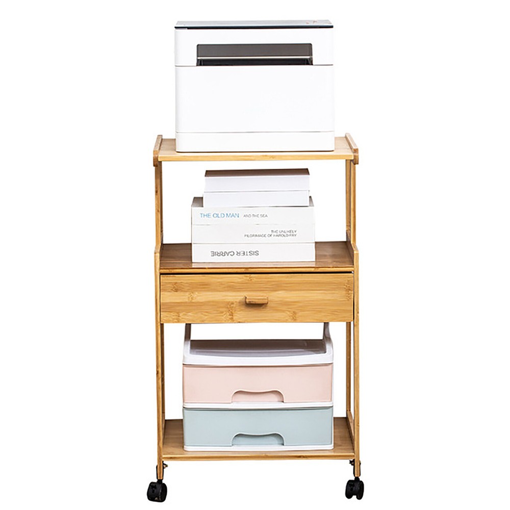 Space-Saving Printer Storage Rack Bamboo Rolling Cart Portable Printer Stand