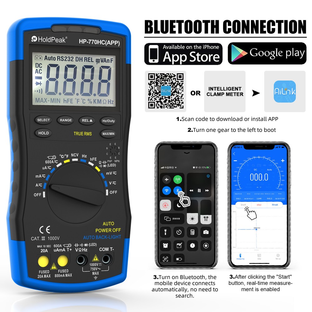 Holdpeak Digital Multimeter AC/DC TRMS NCV Multimeter 750VAC/1000VDC Bluetooth
