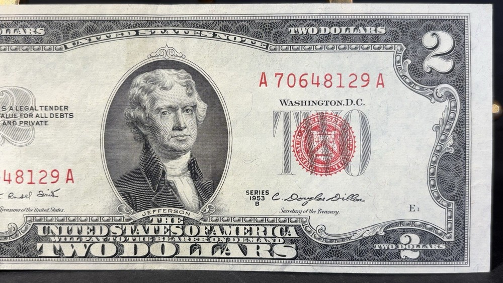 1953 B $2 Red Seal U.S. Banknote Misaligned Border Error