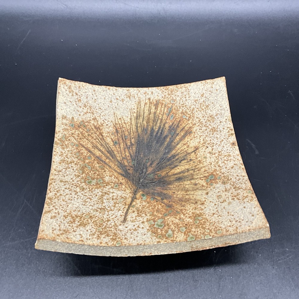 Signed Artesian Stoneware Pottery Pine Needle Imprint Trinket Dish