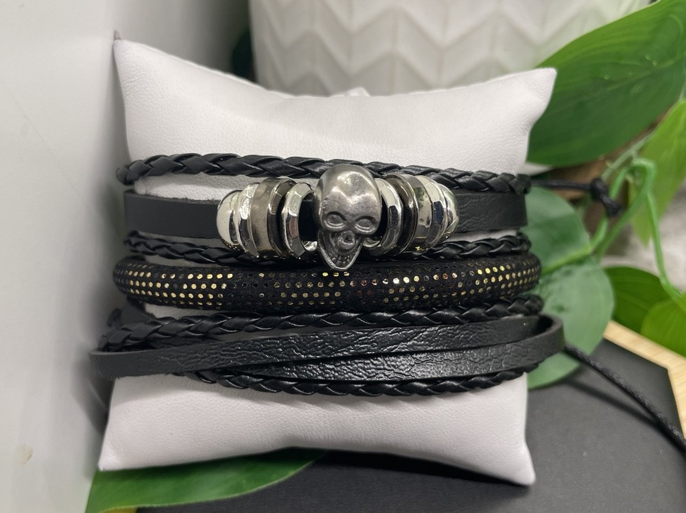 3 PC Leather Bracelet  Stackable Adjustable Tie Free Ship B5194