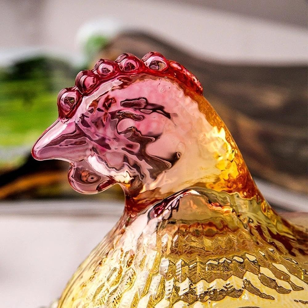 Rooster Decor Glass Candy Dish with Lid - Vintage Hen on Nest Style Large Sna...