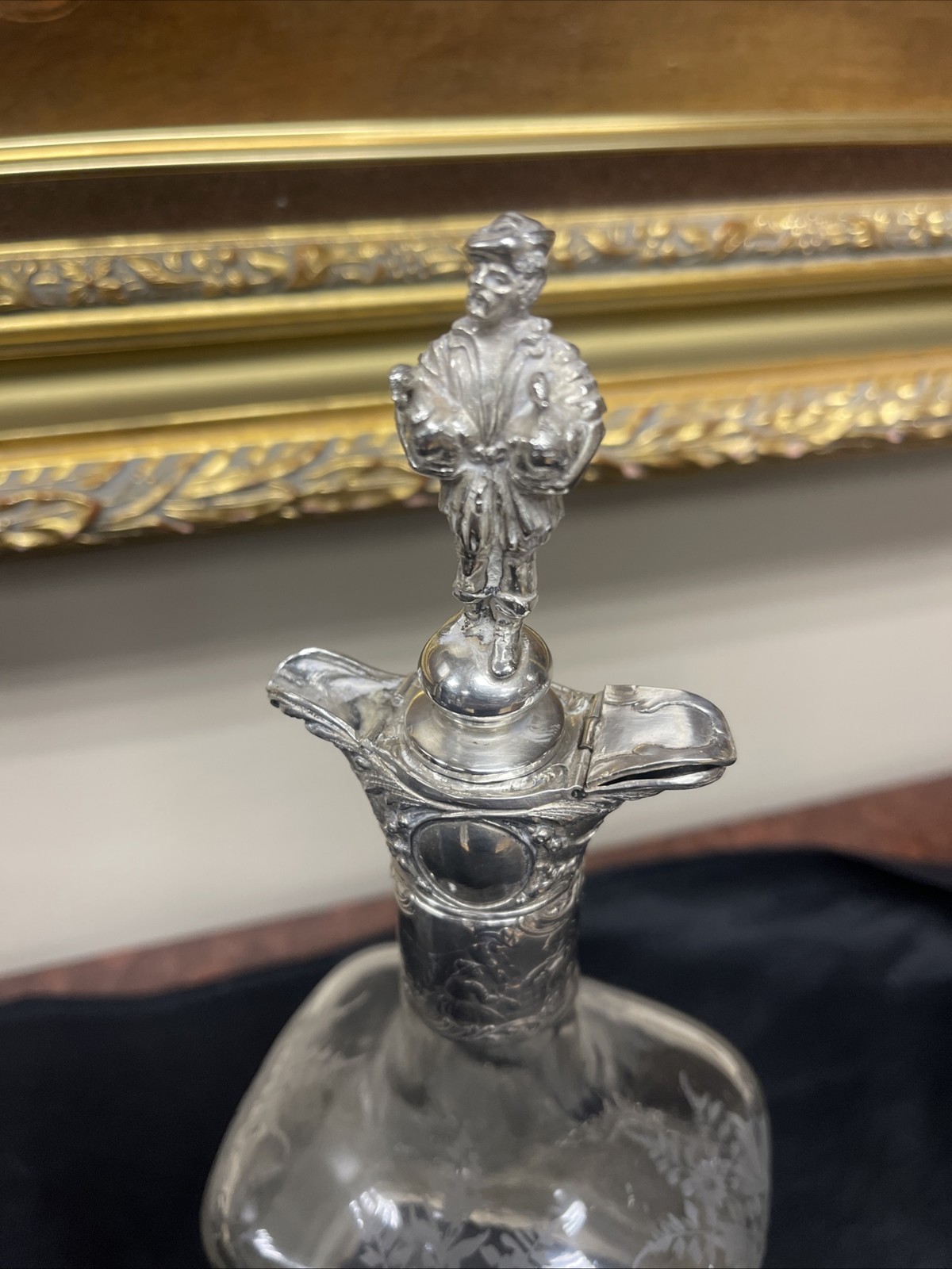 Pair Antique German Hanau Glass Decanters Bottles With sterling mounts / Tops